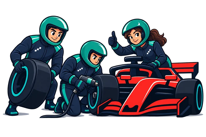 Illustration of a pit crew of helmeted colleagues working together on a red racing car