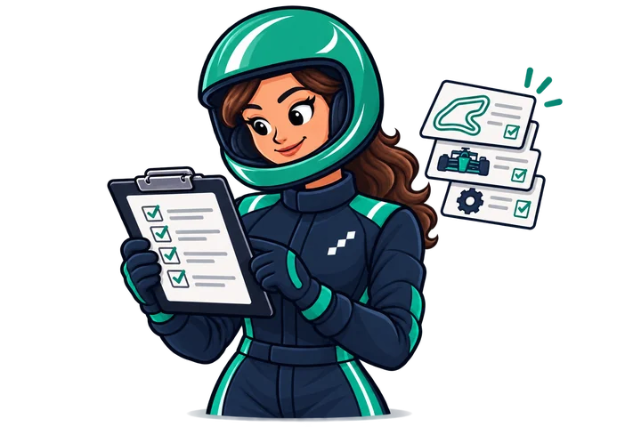 Illustration of a colleague in a teal helmet checking a clipboard of completed tasks