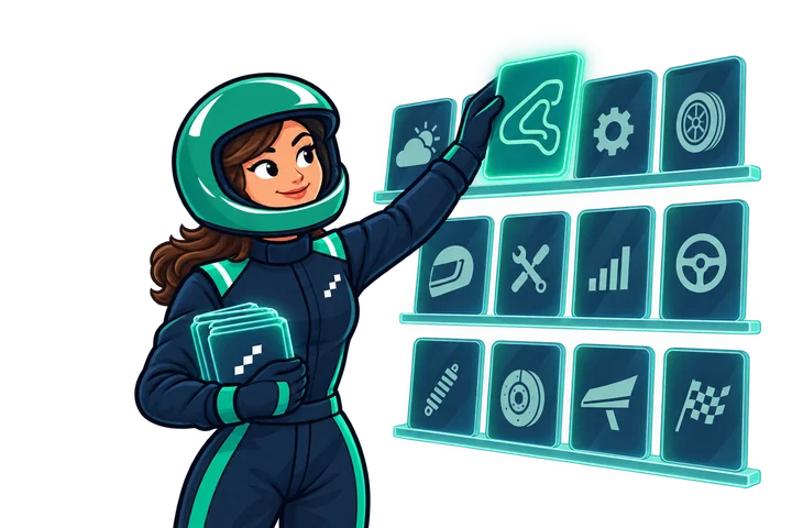 Illustration of a helmeted colleague choosing from a wall of glowing knowledge tiles