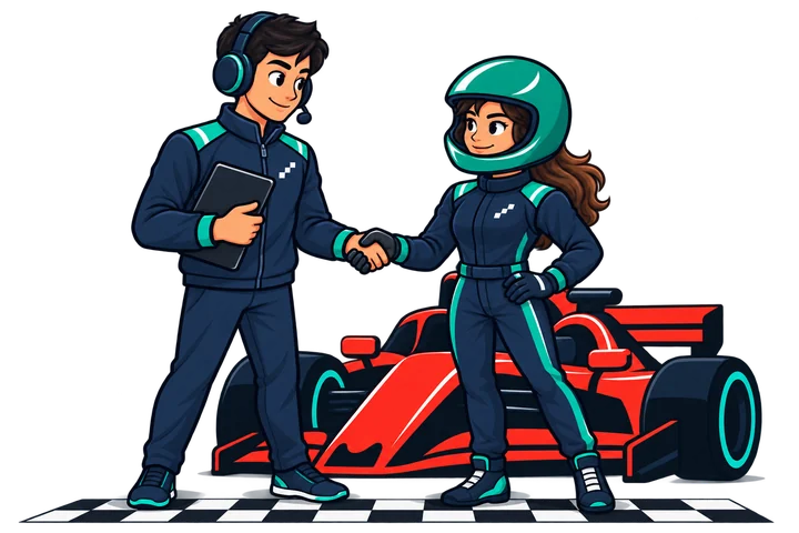 A person shaking hands with a helmeted colleague beside the red car